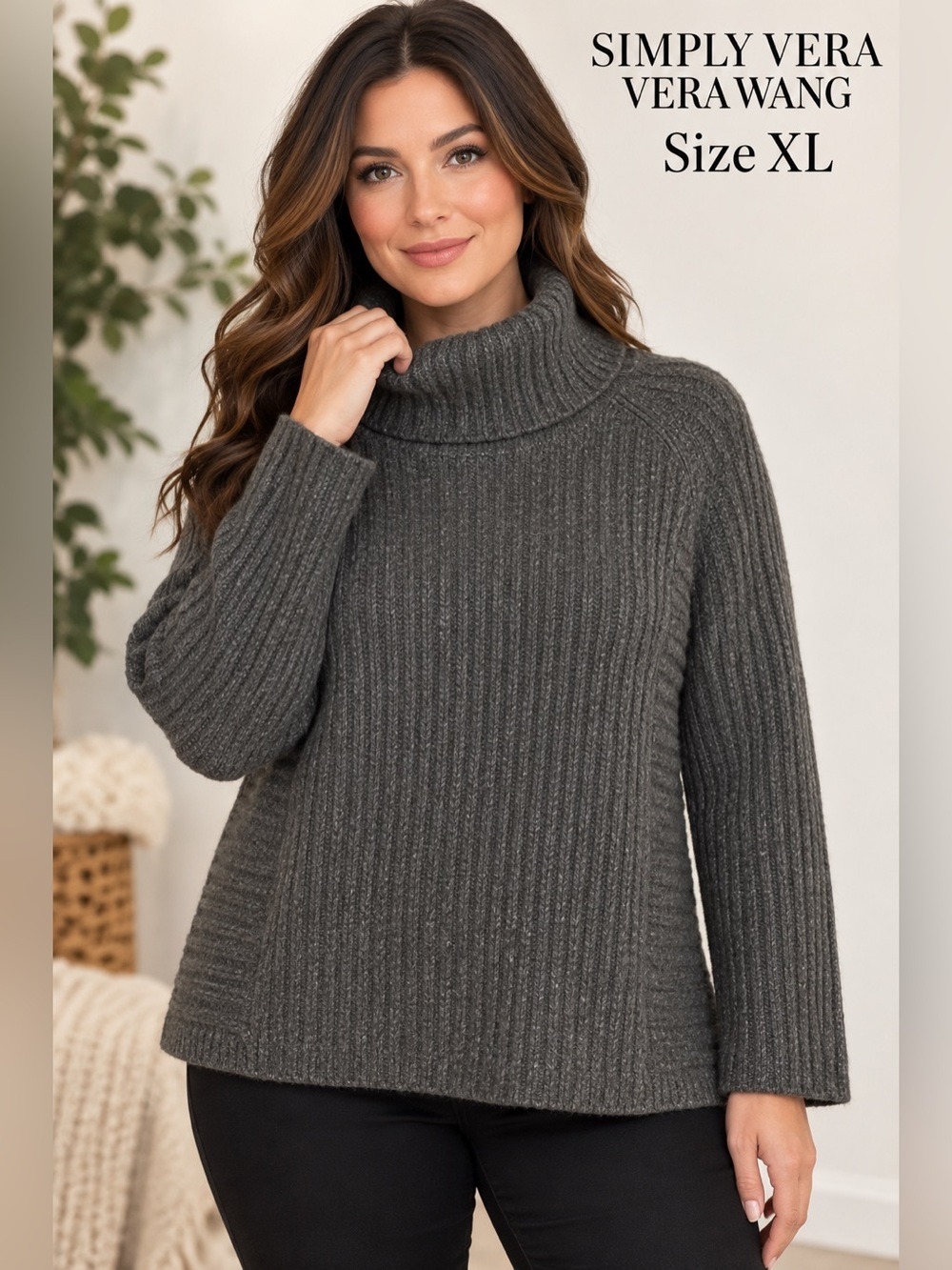 Simply Vera Vera Wang Women XL Charcoal Gray Metallic Ribbed Turtleneck Sweater